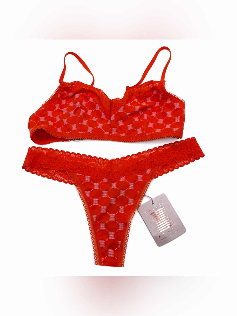 SAVAGE X FENTY By Rihanna Lace Lingerie Set Orange Mesh Bralette & Sexy Thong